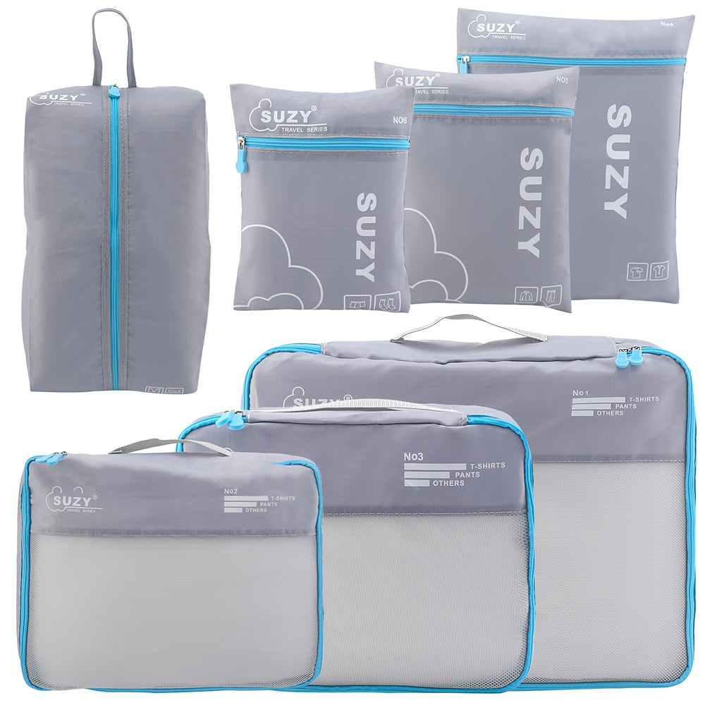 7-Piece Navy Blue Polyester Packing Cubes with Orange Accents for Travel Luggage Storage