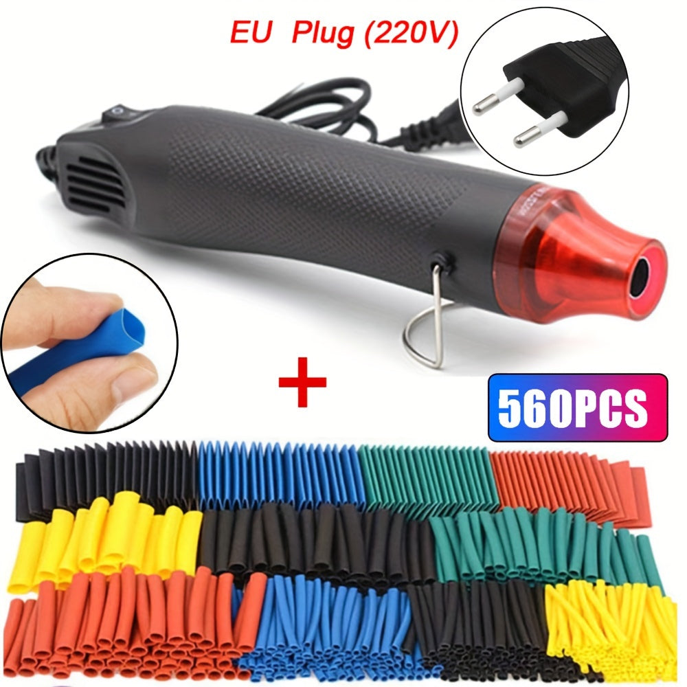 Mini 300W Heat Gun Kit with 164/560 Heat Shrink Tubes EU Plug for Crafts Epoxy Resin Vinyl Candle Making