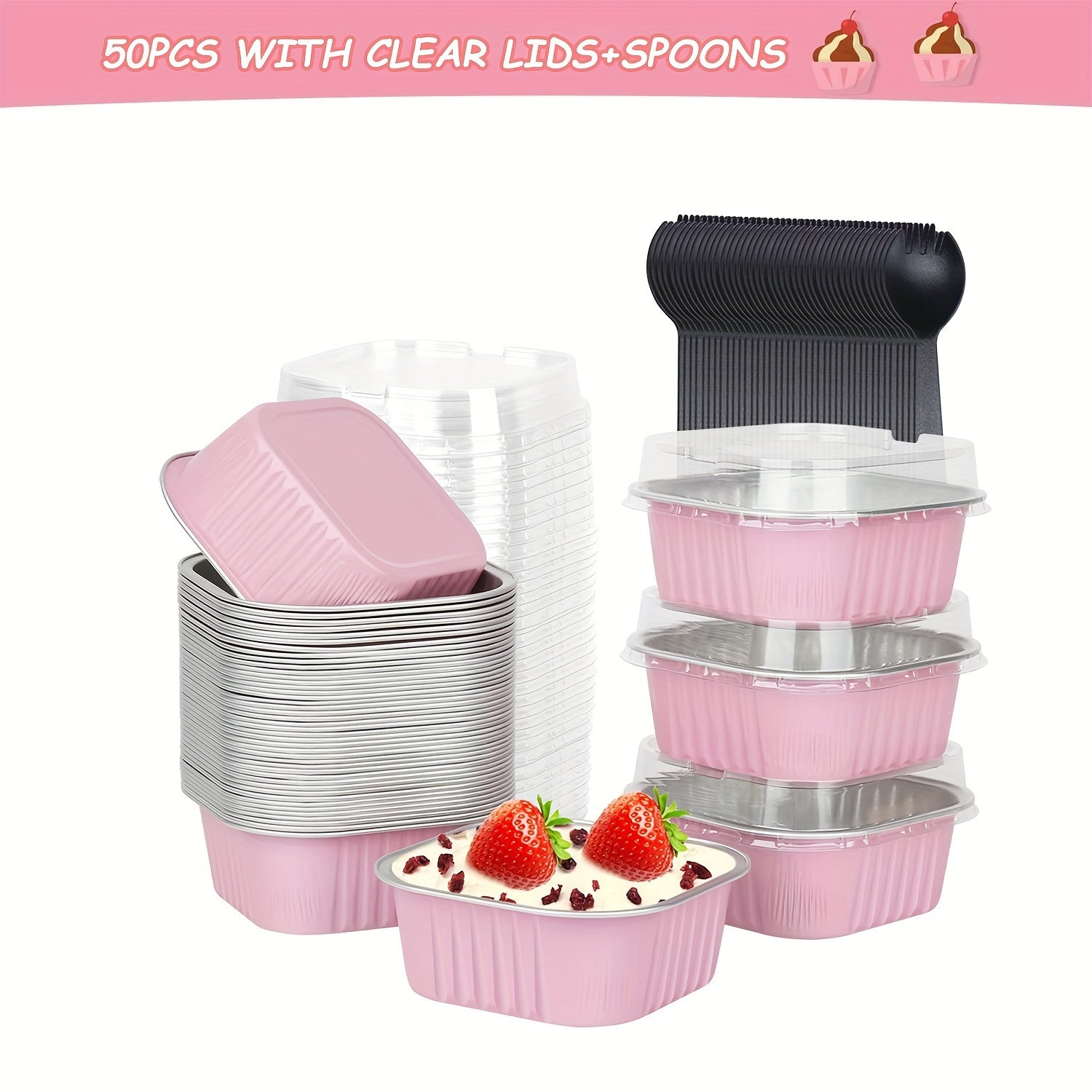 Mini Cake Pans Set 10 or 50 5oz Aluminum Square Baking Cups with Lids and Spoons