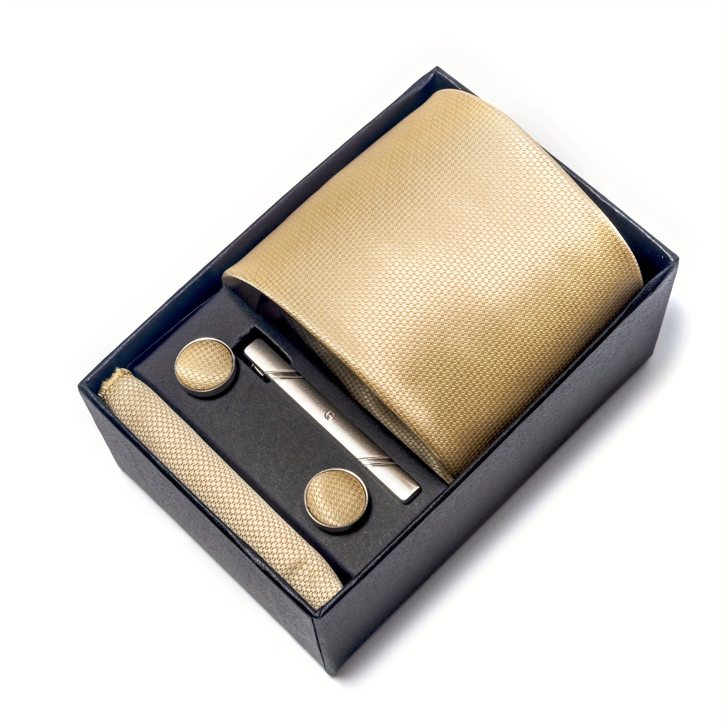 Men's Solid Color Tie Set with Square Cufflinks Gift Box for Wedding Business and Holiday