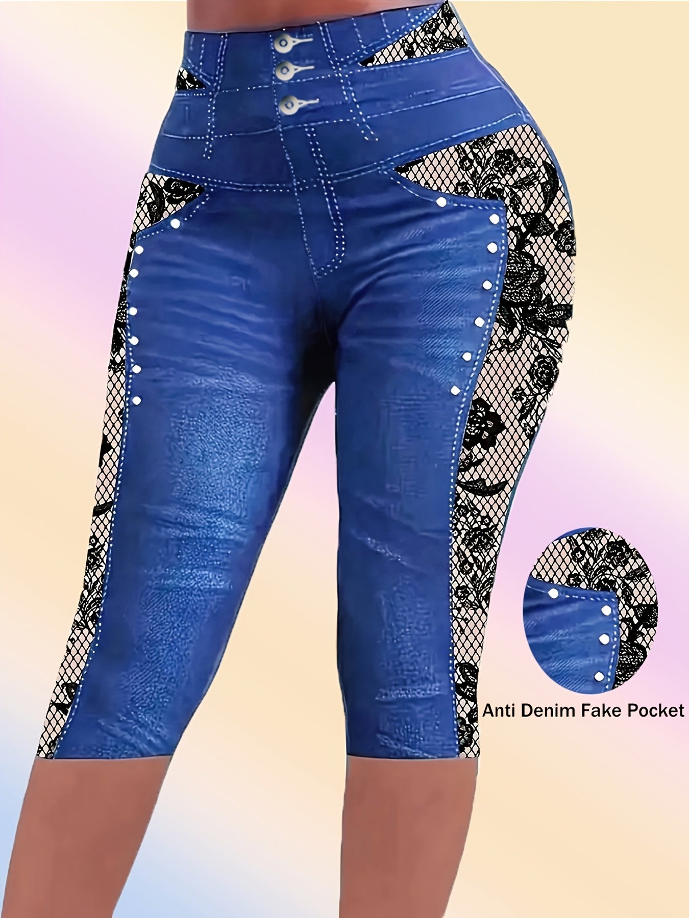 Leggings de mezclilla de talle alto para mujer de tallas grandes con estampado de encaje de calavera
