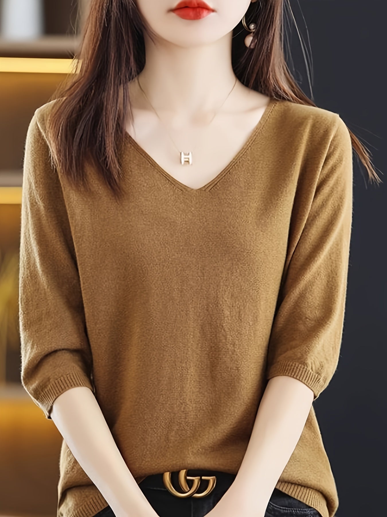 Women's V-Neck Sweater Solid Color Half Sleeve Knit Top for Spring Fall