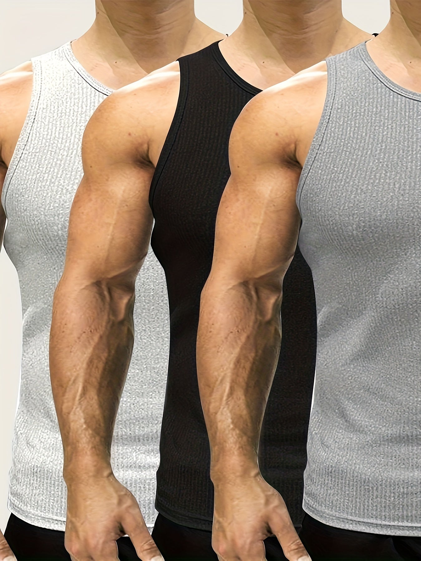 Men's 3-Pack Cotton Knit Tank Tops Solid Color Sleeveless Shirts for Gym and Casual Wear
