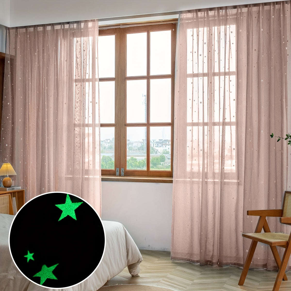Pastoral Style Curtains with Luminous Star Pattern for Bedroom Living Room Office Kitchen