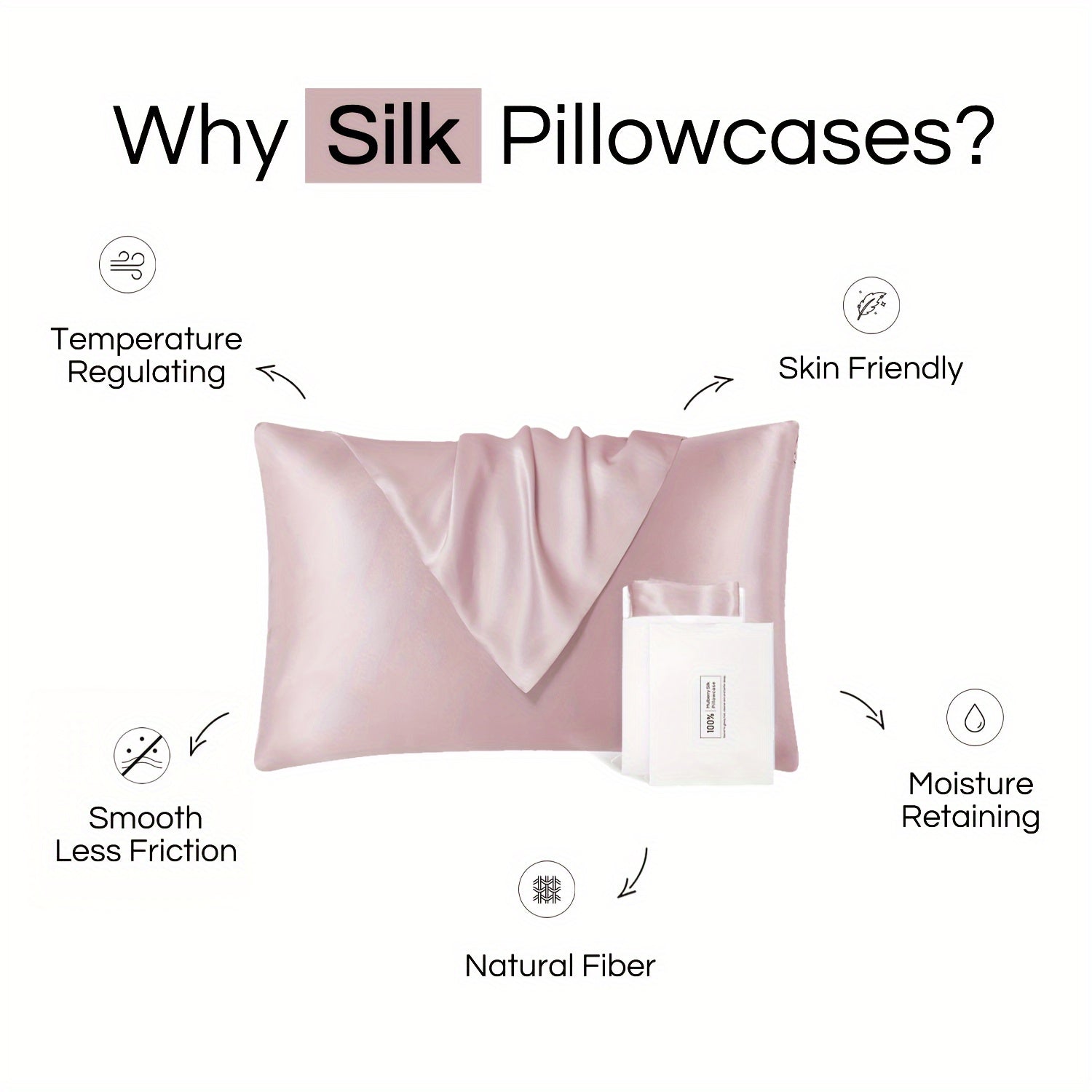 Set of 2 Mulberry Silk Pillowcases Hypoallergenic Satin Weave Solid Color Invisible Zipper Machine Washable Skin Hair Care