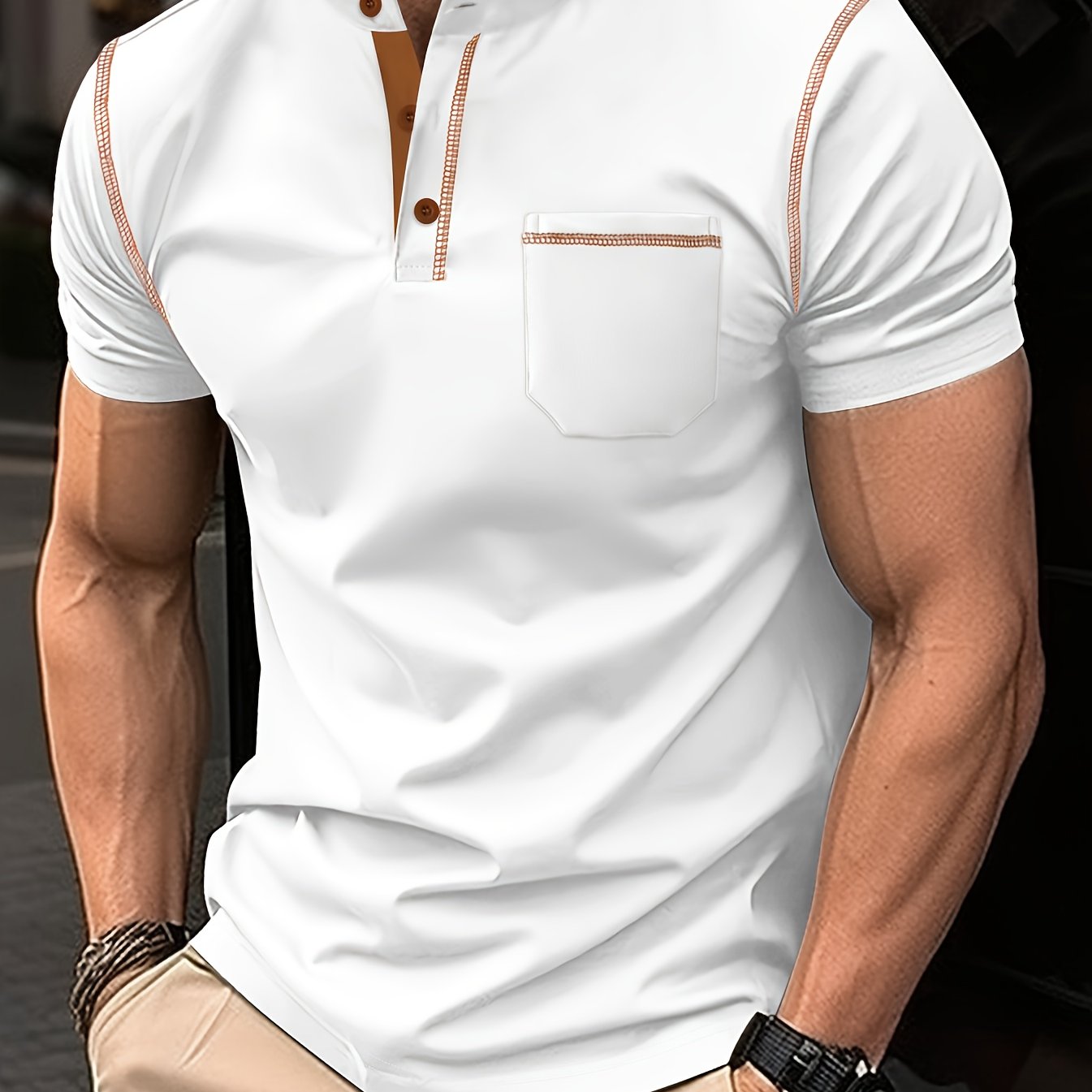 Camisa polo de punto de poliéster para hombre con bolsillo, manga corta, cuello alto, ajuste regular, casual