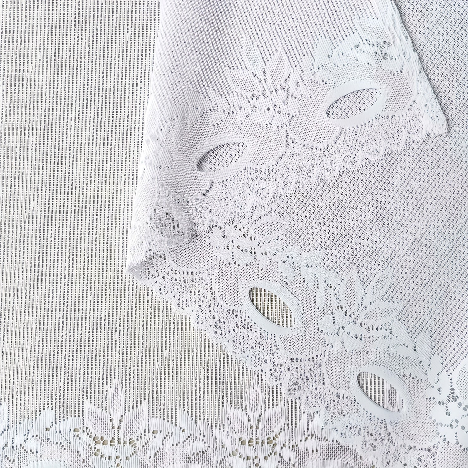 White Lace Sheer Curtain with Floral Pattern, Rod Pocket, Scalloped Bottom