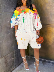Women's Plus Size Splash Ink Print Off Shoulder Romper Long Sleeve Casual Clothing