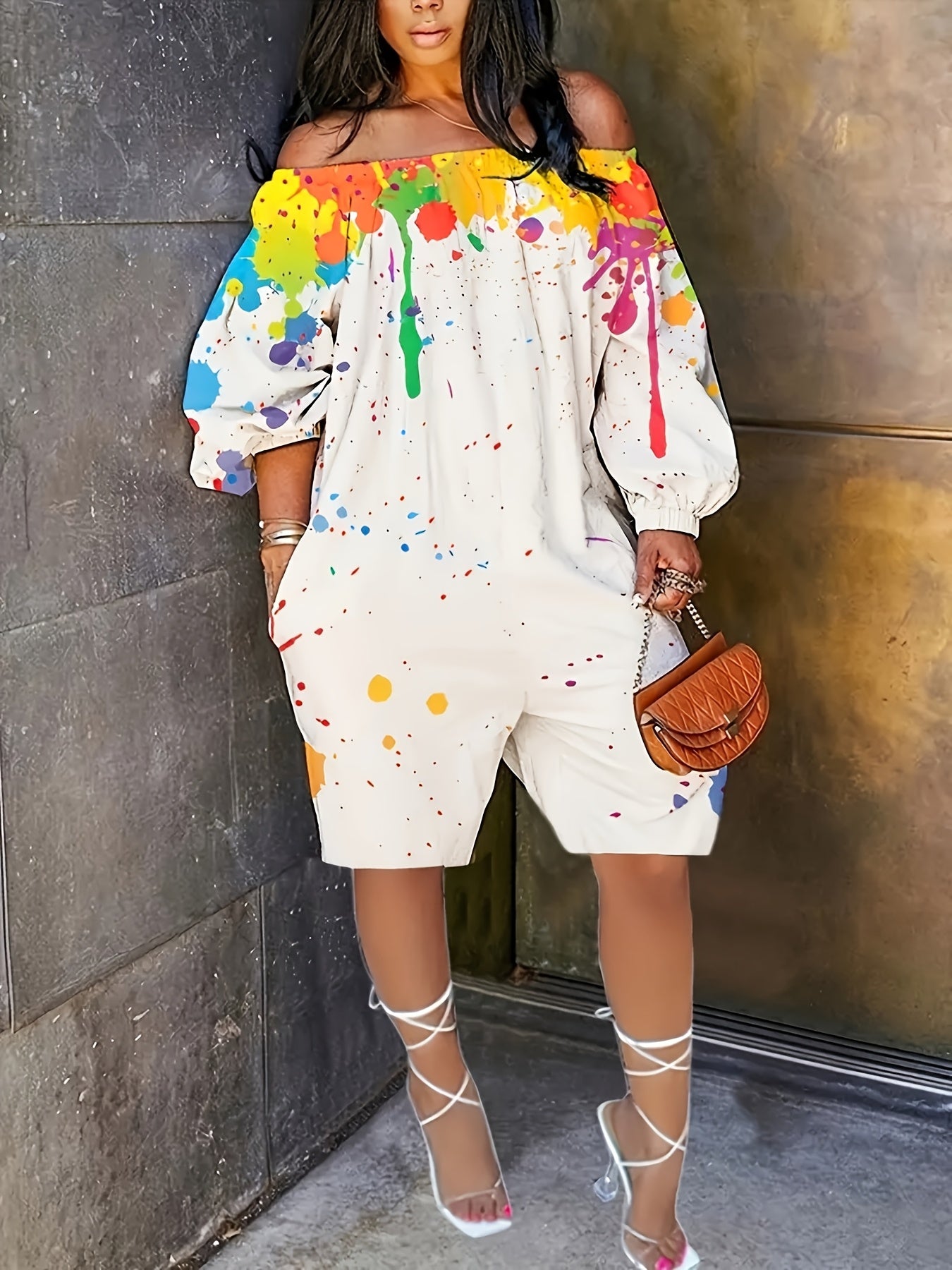 Women's Plus Size Splash Ink Print Off Shoulder Romper Long Sleeve Casual Clothing