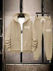 Plus Size Polyester Knit Tracksuit Set with Black Alphabet Print and Metal Chain Detail for Fall Winter