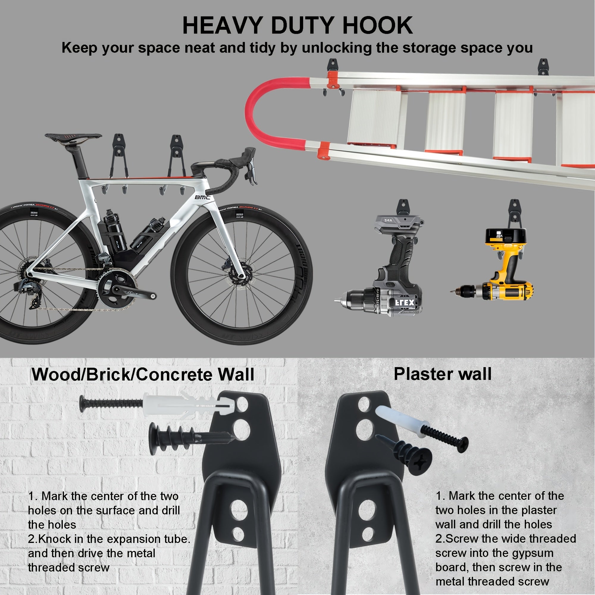 Heavy-Duty Steel Garage Hooks for Power Tools, Ladders, Bikes, and Storage
