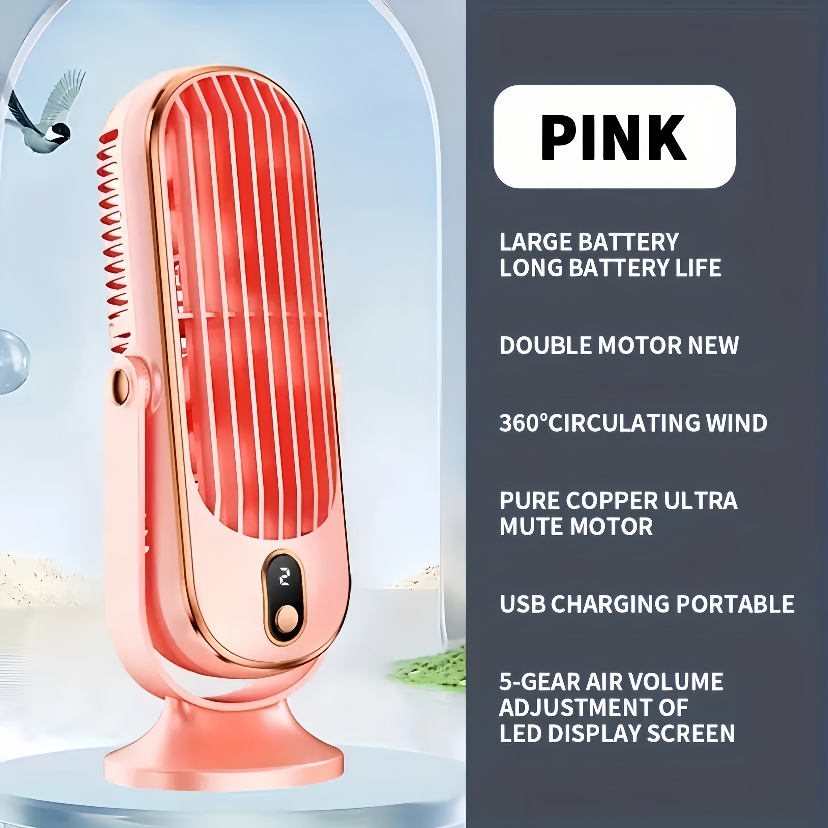 Portable USB Desktop Fan with Dual Blades, 5 Speeds, 360° Rotation, Rechargeable Battery
