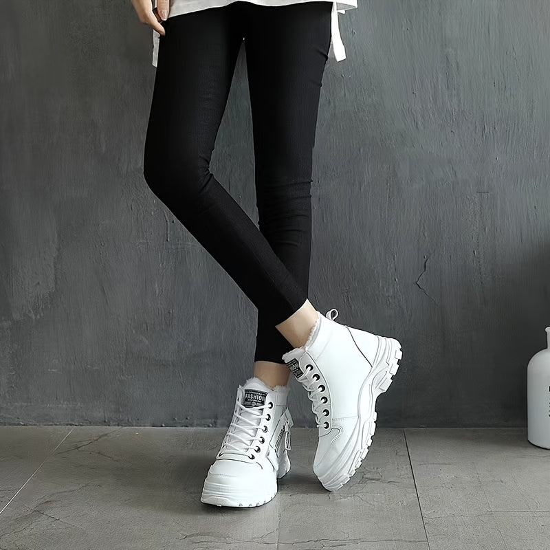 Women's Winter Ankle Boots Lace-Up High-Top Faux Leather Casual Shoes
