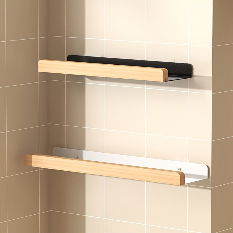 Wood and Metal Wall-Mounted Spice Rack with Hooks for Kitchen Storage