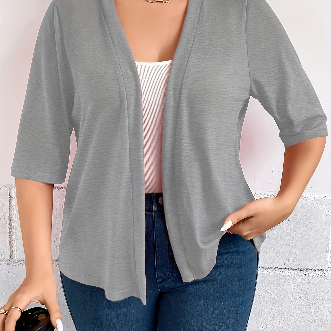 Plus Size Knit Open Front Cardigan Casual Half Sleeve Winter Fall Clothing