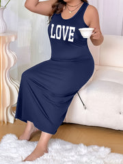 Plus Size Sleeveless Nightgown Maroon Love Letter Print Sleepwear for Women