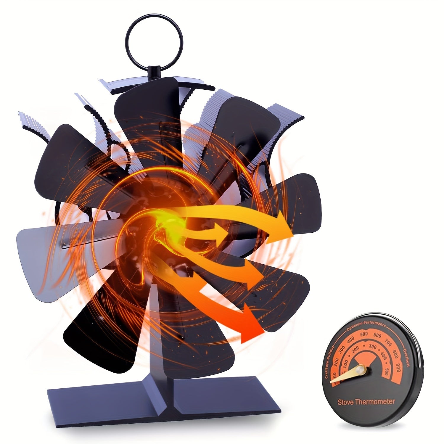 Set of 8 Thermodynamic Stove Fans for Wood Gas Pellet Stoves with Built-In Thermometer