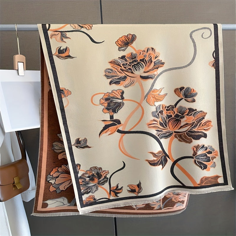 Women’s Warm Imitation Cashmere Scarf with Plant Print for Winter
