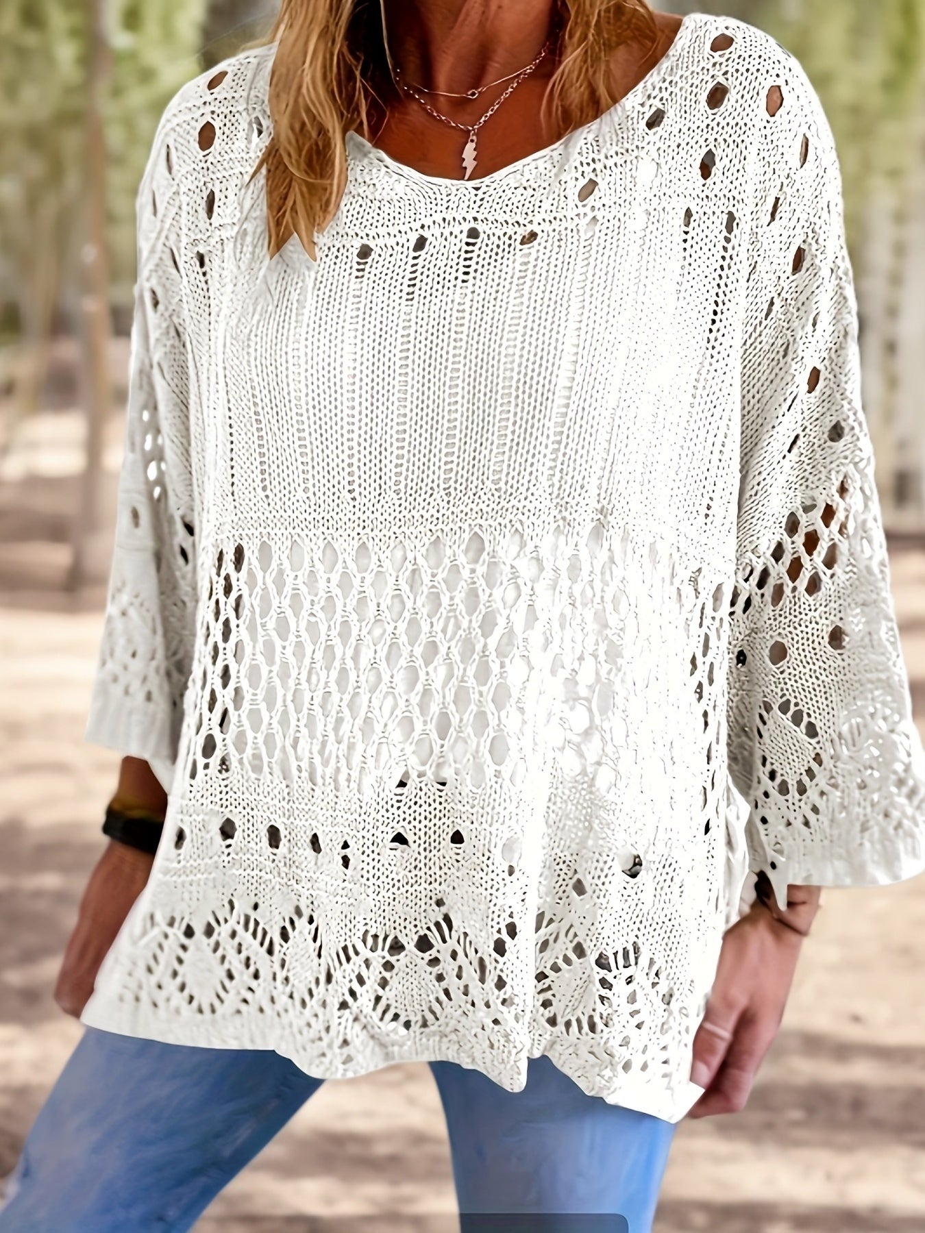 Туника для женщин больших размеров с объемным вязаным покрытием, 3/4 рукава, защита от солнца