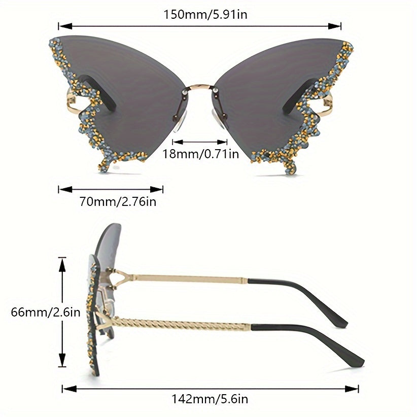 Women's Butterfly Rimless Fashion Glasses with Rhinestones for Costume Parties and Proms