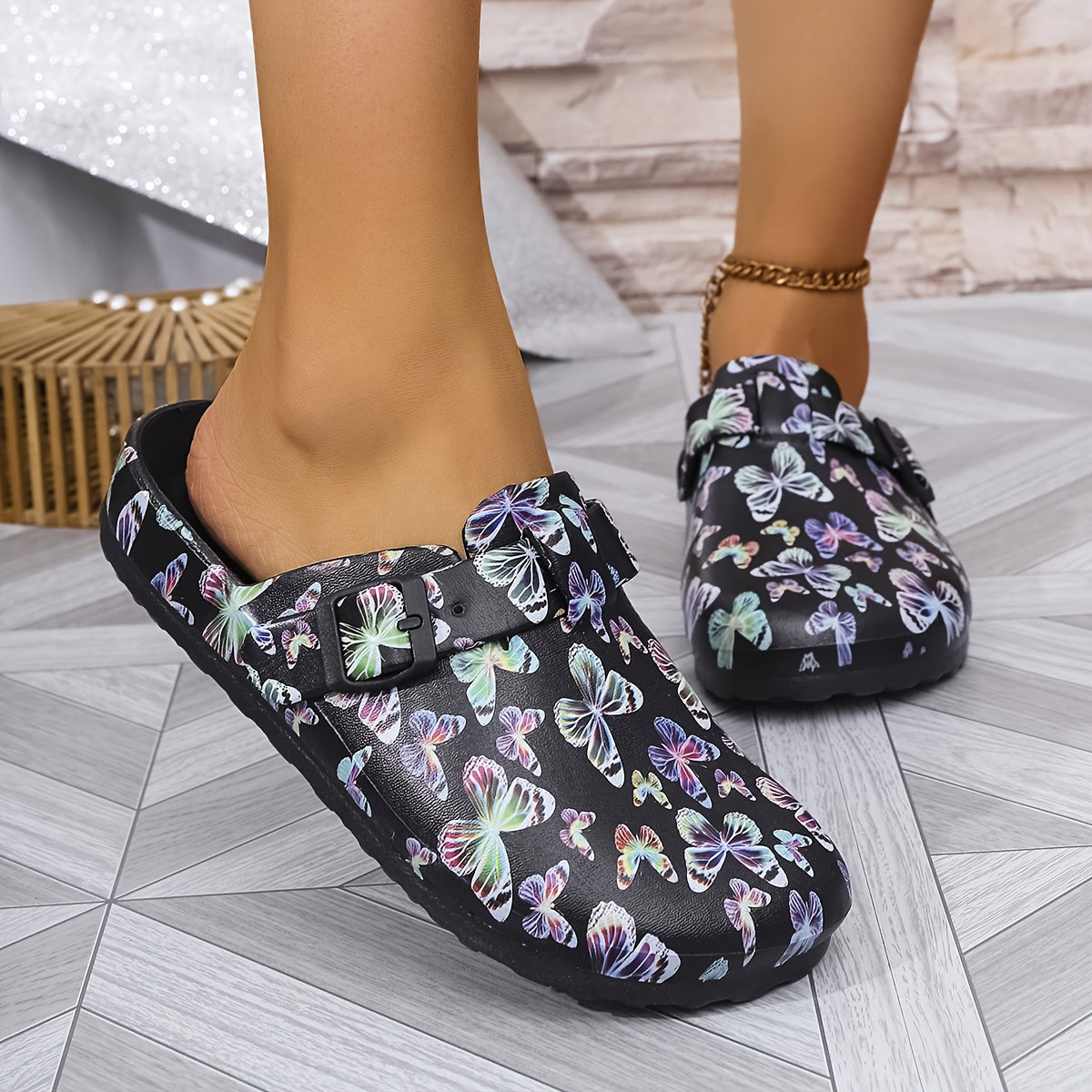 Women's Butterfly Print Black Ankle Boots with Non-slip Flat Soles