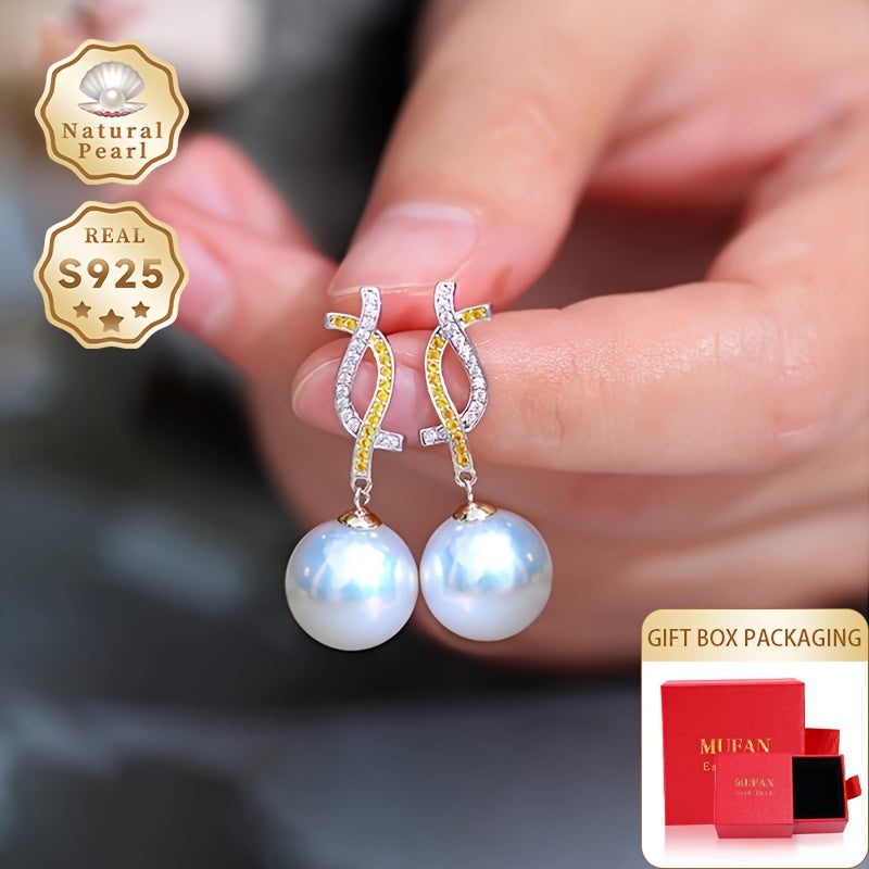 MUFAN Elegant Luxury Dangle Earrings, 12-13mm tabiiy shirin suv marvaridlari bilan 1 juft S925 kumush bilakuzuklar, sovg'a qutisi bilan birga, har kuni kiyish va maxsus tadbirlar uchun mukammal.