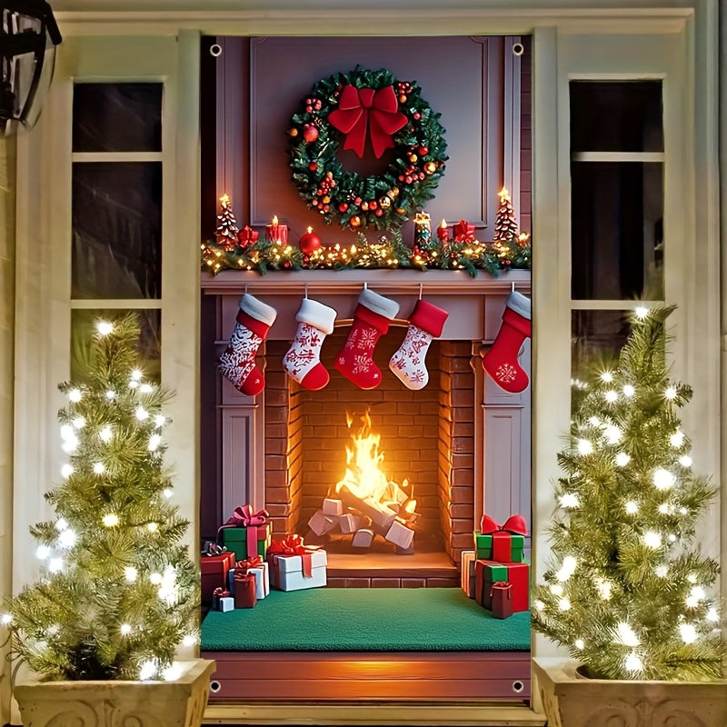 Multi-Functional Christmas Fireplace Door Cover Polyester Festive Decor
