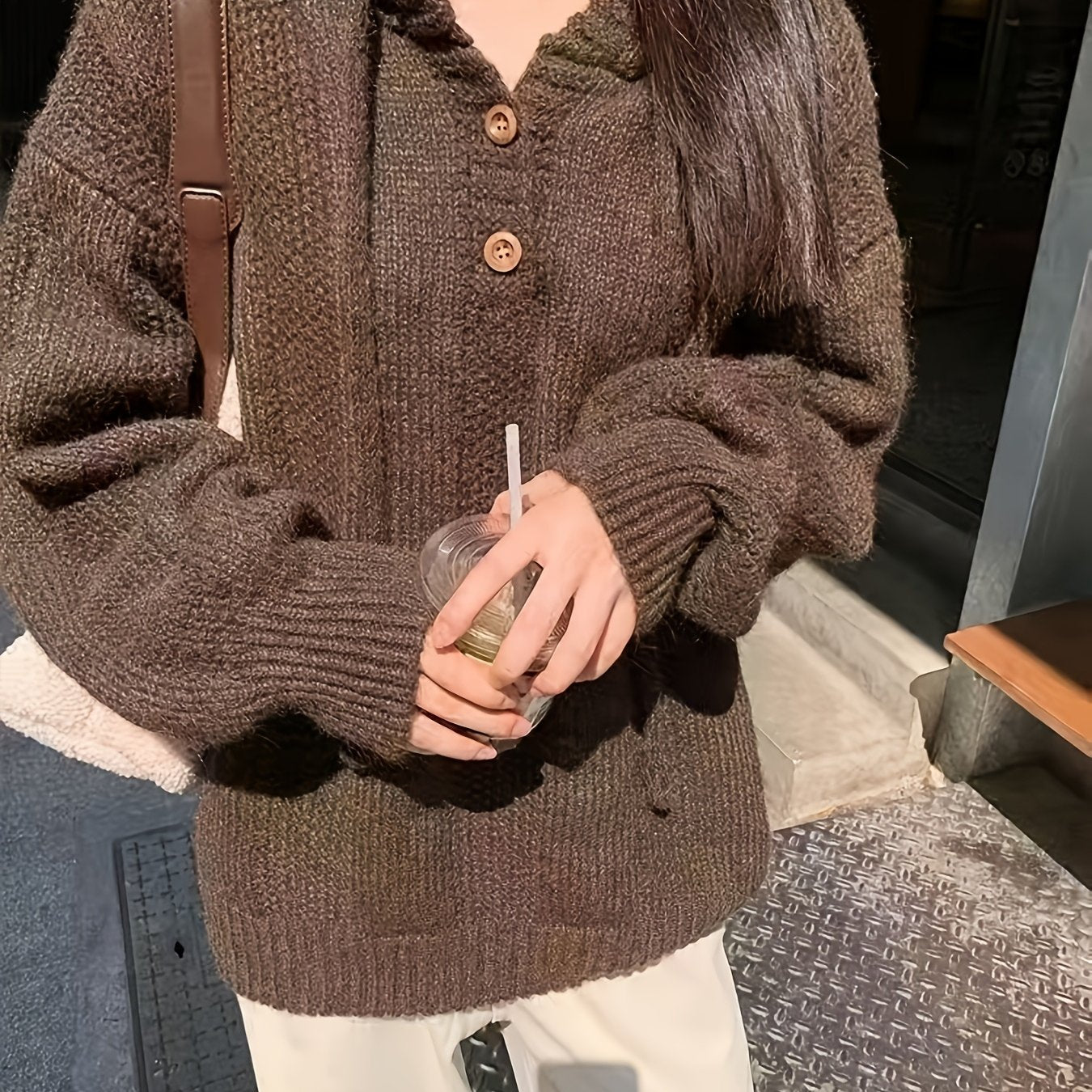 Women's Oversized Hooded Sweater with Drawstring Long Sleeve Knit Polyester Fall Winter