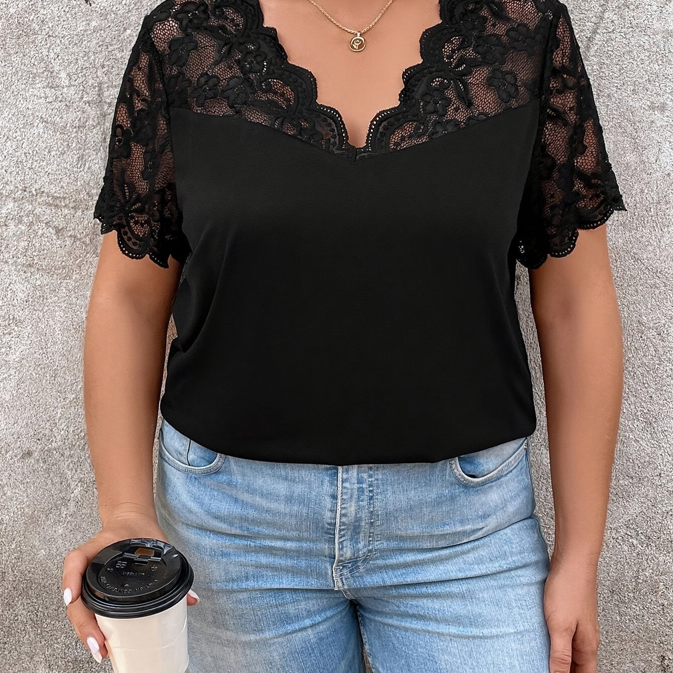 Plus Size Women's T-Shirt Short Sleeve Contrast Lace Trim Spring Summer