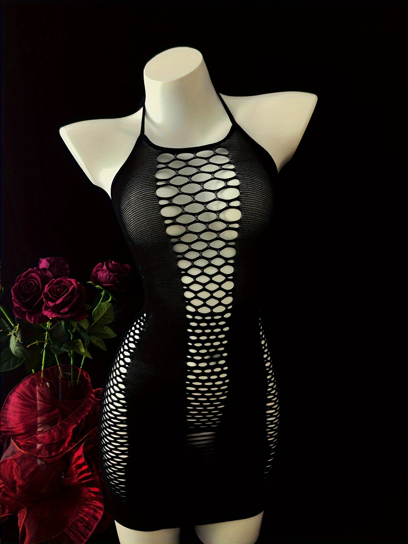 Plus Size Sheer Mesh Sleeveless Lingerie Dress Black White Cutout