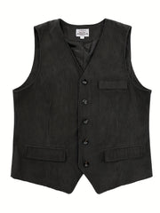 Men's Plus Size Navy Blue Corduroy Vest with Retro British Style and Pocket Detail