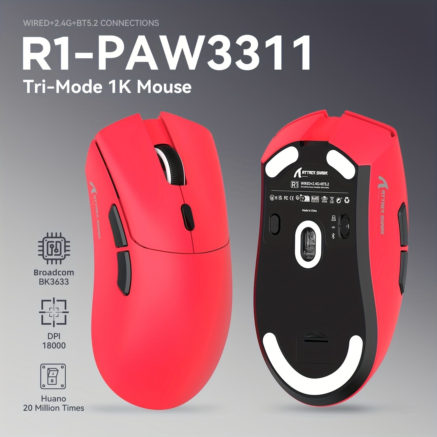 Wireless Gaming Mouse 18K DPI Optical Ambidextrous Ultralight 59g Tri-Mode Connectivity
