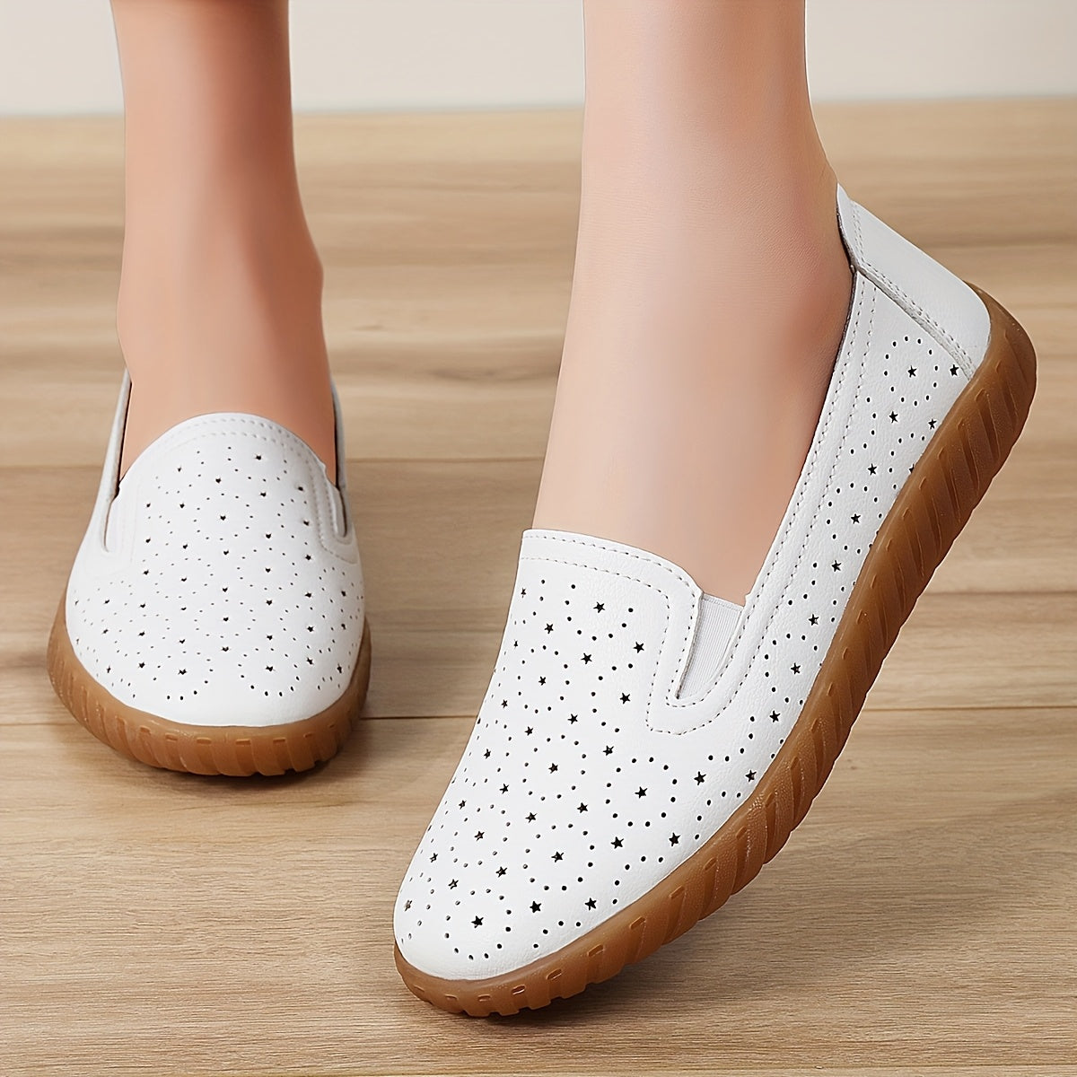 Women's Slip-On Loafers White Synthetic with Black Dot Pattern All-Season Casual Formal
