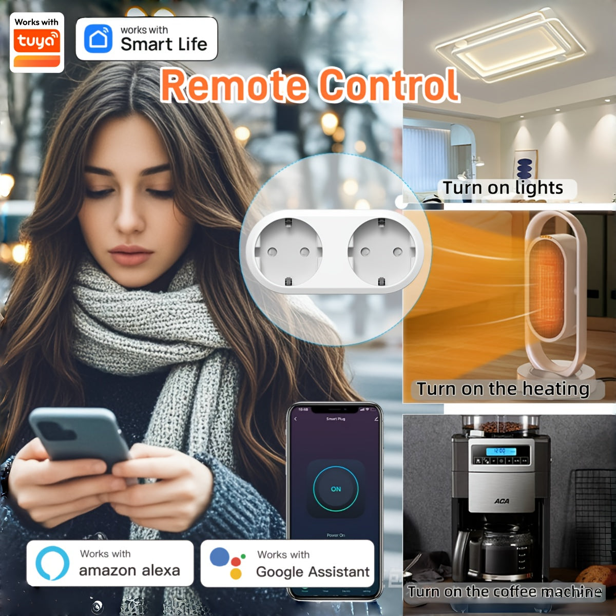 Enchufe inteligente WiFi dual con control por voz y monitorización de energía 16A compatible con Alexa Google