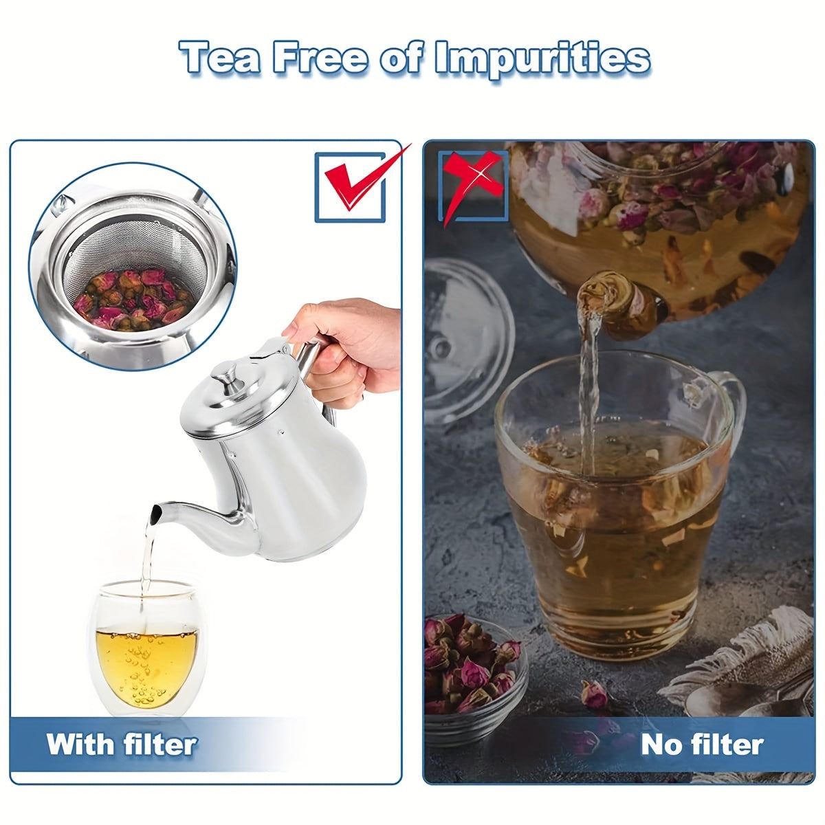 "Silver Stainless Steel Gooseneck Teapot with 48oz Capacity and Integrated Filter, BPA-Free Metal Tea Kettle and Coffee Server, Multi-Purpose Oval Table Serving Pot for Home, Restaurant, Outdoor Use. Dishwasher Safe."