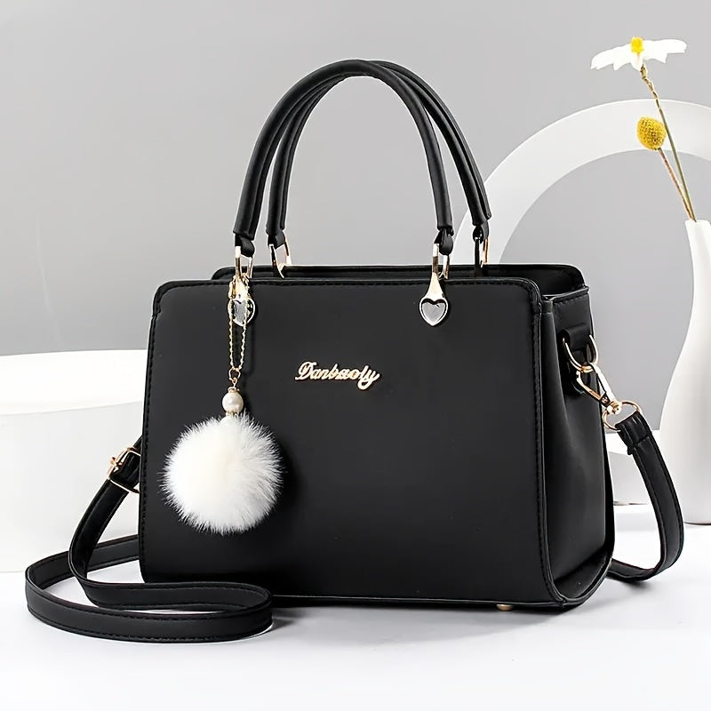 Solid Color Faux Leather Crossbody Handbag with Pompom Charms for Women