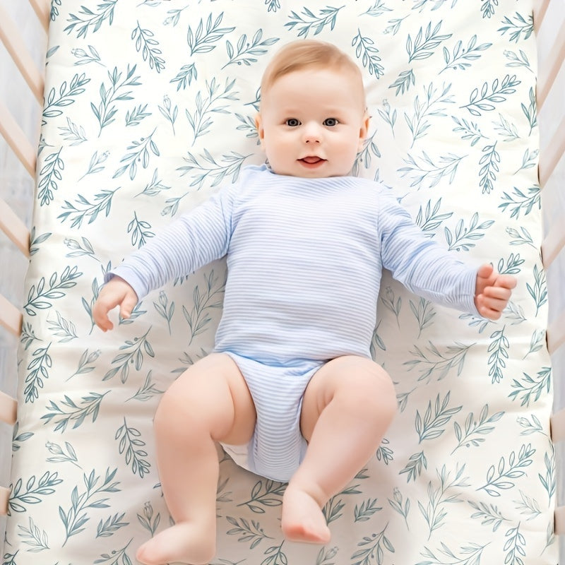 Sage Green Fitted Crib Sheet Breathable Polyester Blend Leaf Flower Pattern Unisex