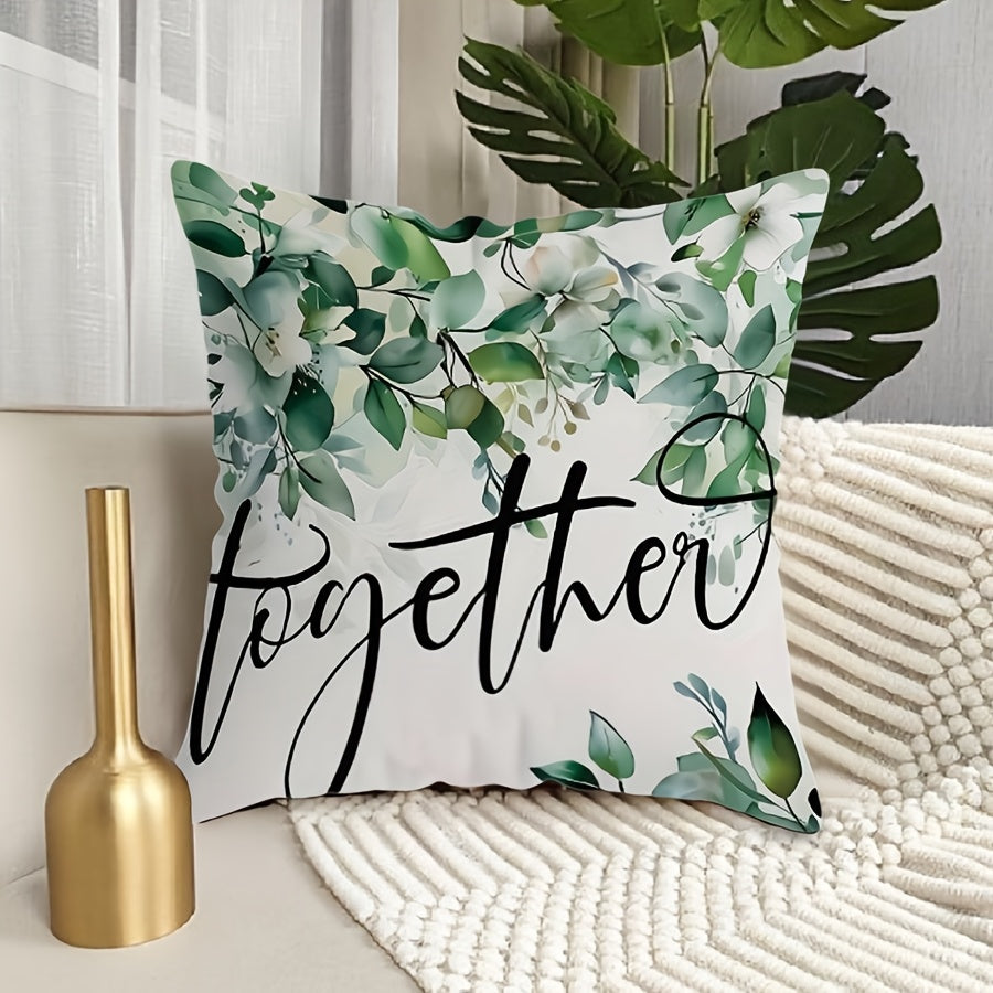 Polyester Throw Pillow Cover with Green and White Leaf Design 45cm x 45cm Machine Washable