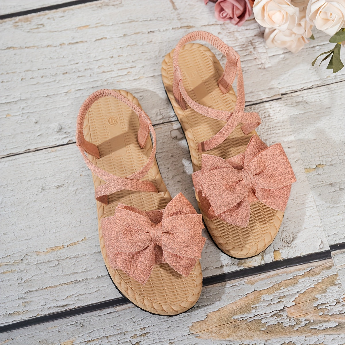 Women's Open Toe Bow Decorated Ankle Strap Flat Sandals Black Summer