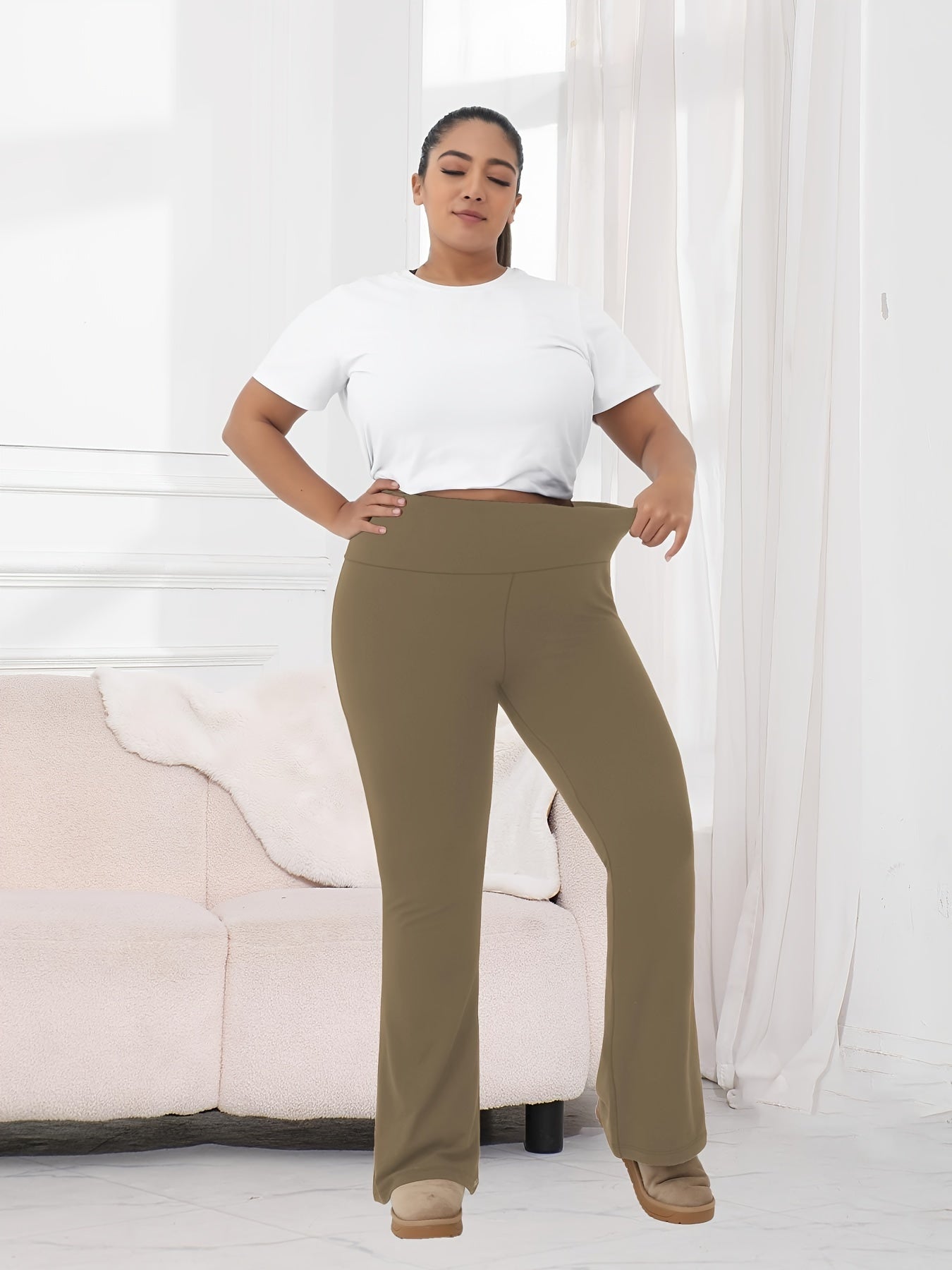 Plus Size Women's Soft High Waist Plush Flare Leggings Tummy Control