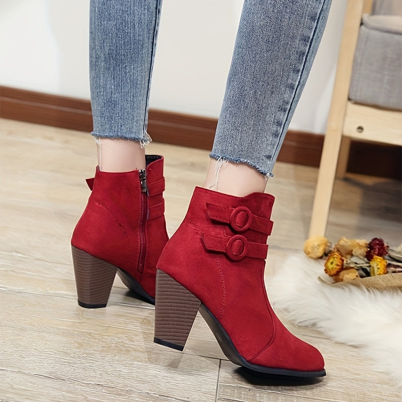 Women Ankle Booties Solid Color Fabric Pointed Toe Block Heel Shoes