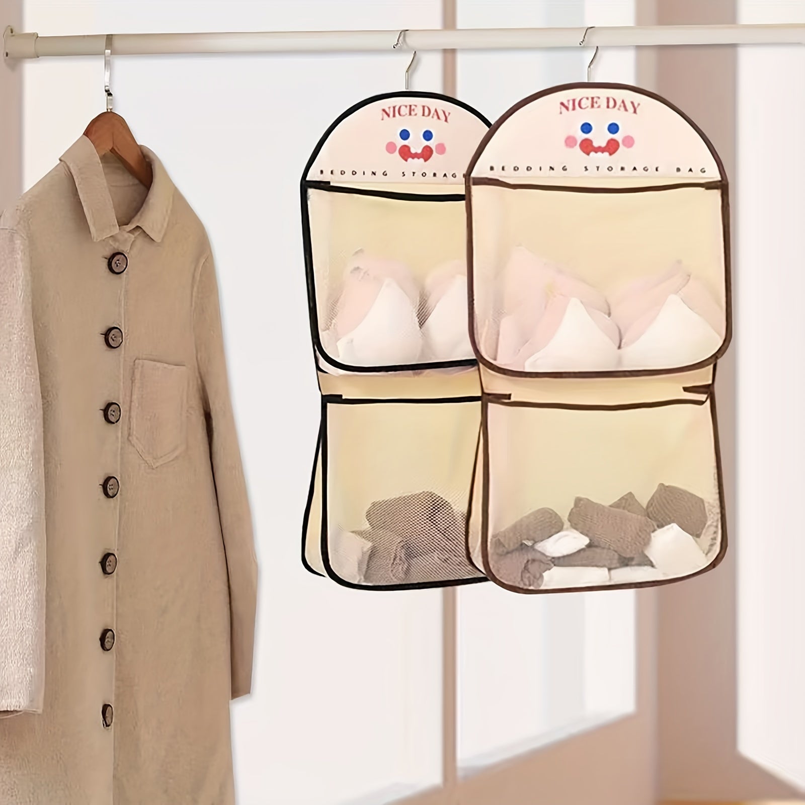 Panda Themed Nylon Hanging Storage Organizer for Underwear Socks with Multiple Compartments