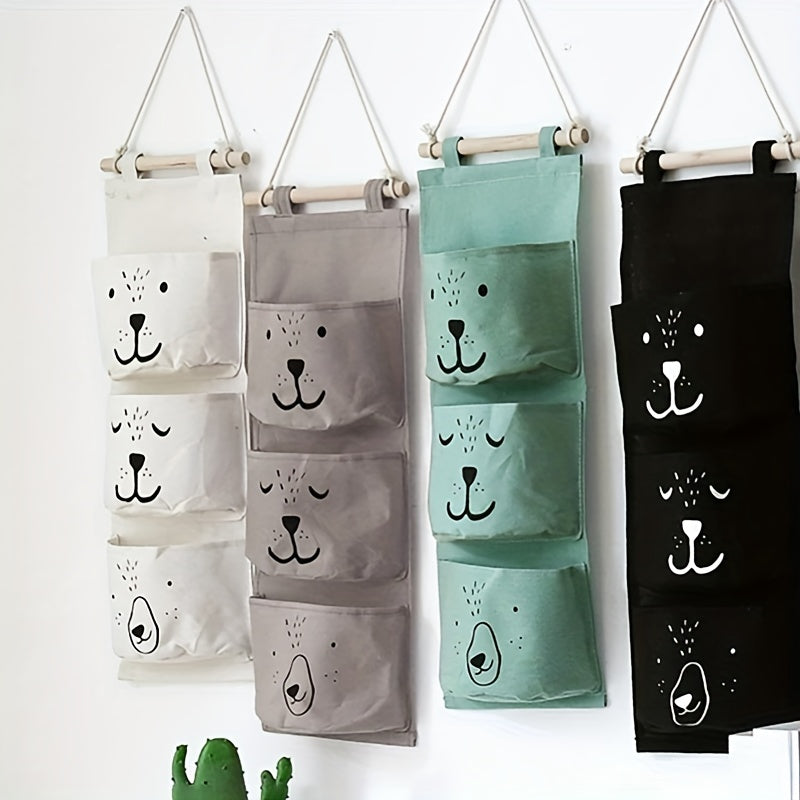 Cute Cartoon Animal Face Wall Organizer Gray Peach Multi-Pocket Storage Bag for Bedroom Bathroom
