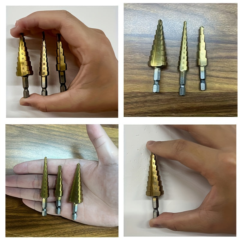3-Piece Titanium-Coated High-Speed Steel Step Drill Bit Set for Wood and Metal