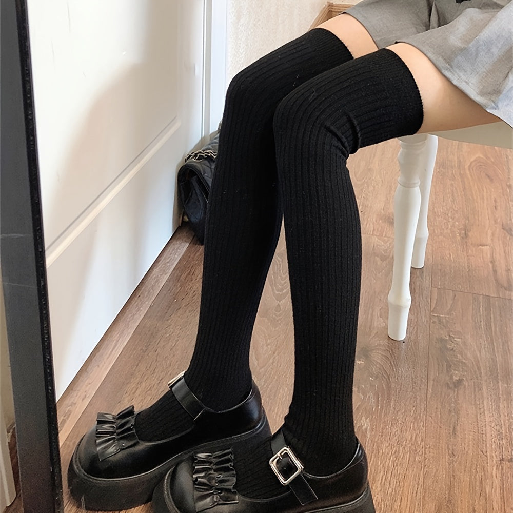 Women Ribbed Thigh High Socks Warm Over-The-Knee Stockings Solid Color