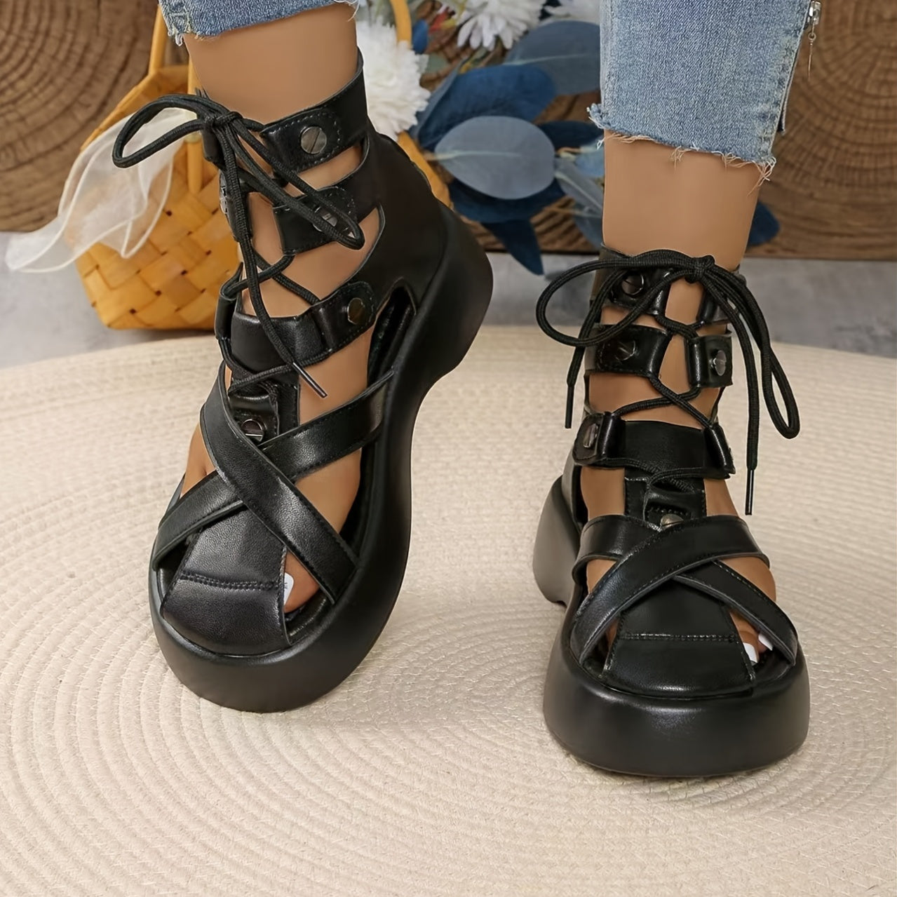 Women's Black PU Lace-Up Roman Sandals with Thick Sole and Mid-Heel