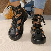 Women's Black PU Lace-Up Roman Sandals with Thick Sole and Mid-Heel