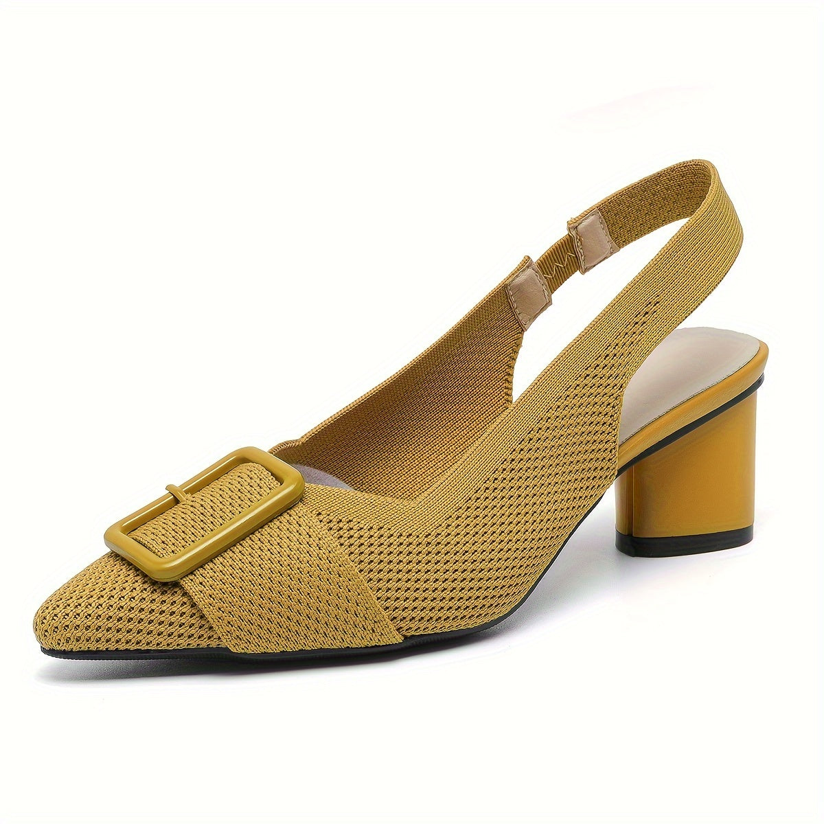 Women's Mid-Heel Pumps with Breathable Knit, Pointed Toe, Slip-On, Chunky Heel