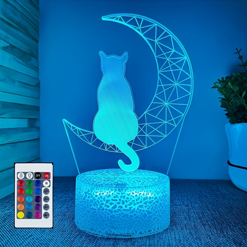 Lámpara de noche LED de gato luna 3D con 16 colores, control táctil y remoto, base blanca cálida, regalo