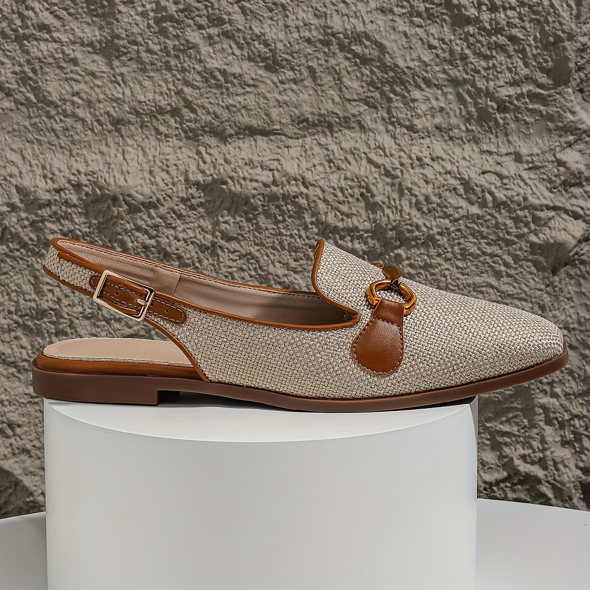 Women's Brown Linen Square Toe Summer Sandals with Metal Buckle